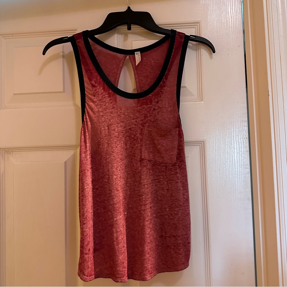 EUC FP Movement Ladies Tank Top in Sheer Burgundy with Blue Accents in Small.